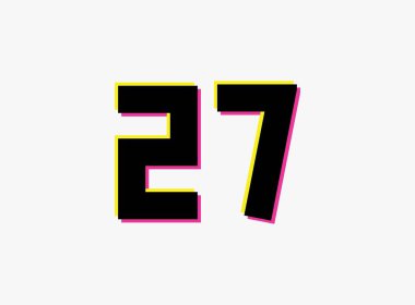 27 numaralı vektör desing logosu. Dinamik, ayrık renk, pembe ve sarı renkte beyaz arkaplan. Sosyal medya, tasarım unsurları, yaratıcı poster, yıldönümü kutlaması, selamlama ve web için 