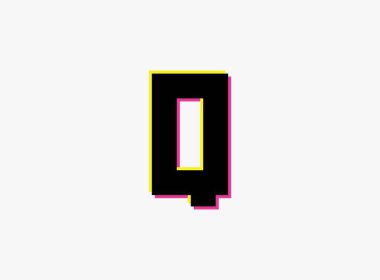 Q Harfi yazı tipi, vektör ayrıştırma alfabesi. Dinamik, ayrık renk, pembe ve sarı renkte beyaz arkaplan. Logo, sosyal medya, tasarım unsurları, yaratıcı poster vesaire için.,