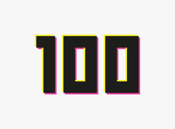 Number 100 vector desing logo. Dynamic, split-color, shadow of  number pink and yellow on white background. For social media,design elements, creative poster, anniversary celebration, greeting etc.