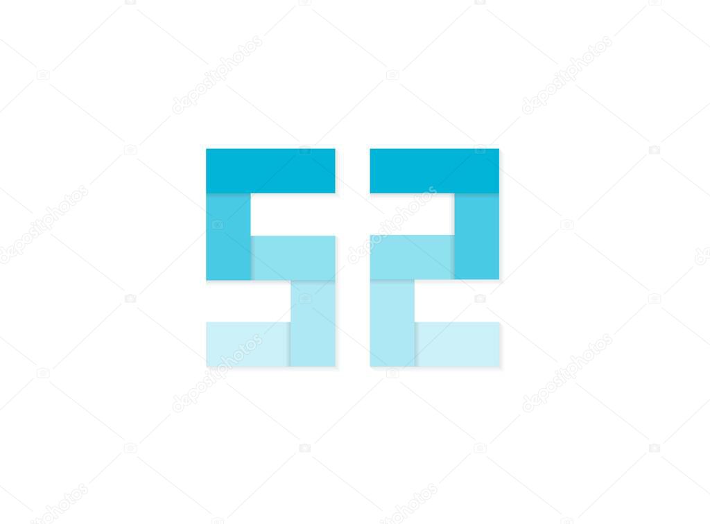 52 number, vector logo, paper cut desing font made of blue color tones .Isolated on white background. Eps10 illustration