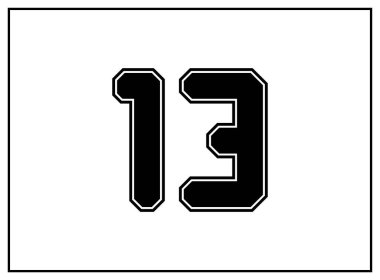 Klasik Amerikan tarzı 13 numara, kolej tarzı yazı tipi. Siyah üniformalı, dış hatları siyah olan bir mektup. Klasik spor yazı tipi. Forma, tişört, basketbol, beyzbol, futbol. İzole vektör