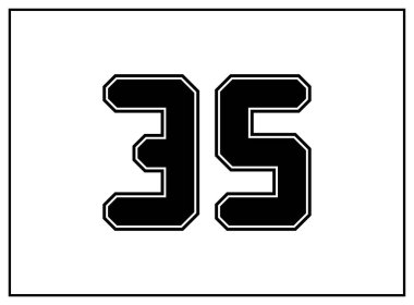 Klasik Amerikan tarzı 35 numara, kolej tarzı yazı tipi. Siyah üniformalı, dış hatları siyah olan bir mektup. Klasik spor yazı tipi. Forma, tişört, basketbol, beyzbol, futbol. İzole vektör