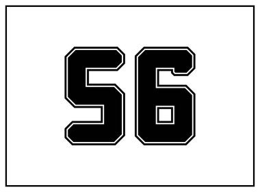 56 numara klasik Amerikan tarzı, üniversite tarzı yazı tipi. Siyah üniformalı, dış hatları siyah olan bir mektup. Klasik spor yazı tipi. Forma, tişört, basketbol, beyzbol, futbol. İzole vektör