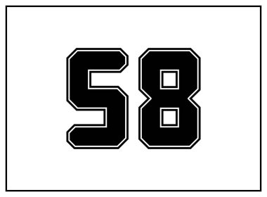 58 numara klasik Amerikan tarzı, üniversite tarzı yazı tipi. Siyah üniformalı, dış hatları siyah olan bir mektup. Klasik spor yazı tipi. Forma, tişört, basketbol, beyzbol, futbol. İzole vektör