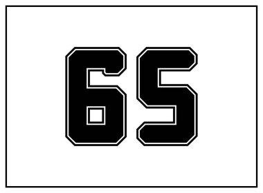 Klasik Amerikan tarzı 65 numara, üniversite tarzı yazı tipi. Siyah üniformalı, dış hatları siyah olan bir mektup. Klasik spor yazı tipi. Forma, tişört, basketbol, beyzbol, futbol. İzole vektör