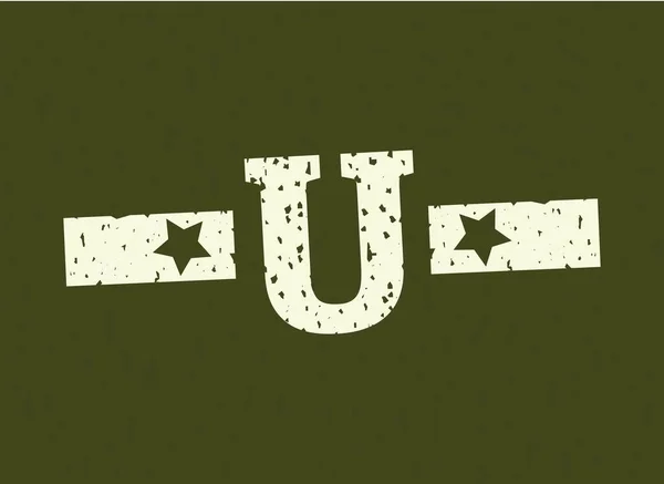 Uバッジ文字軍用 迷彩を背景に星付きの陸軍のデザイン グラニーフォントベクトルイラスト — ストックベクタ