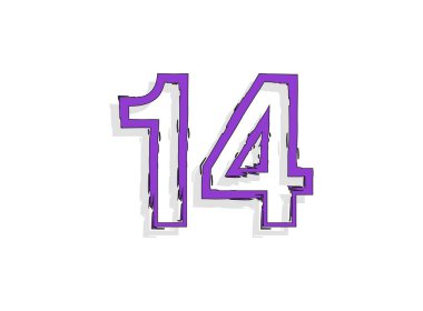 14 yazı tipi mor numara, elle çizilmiş fırça darbesi. Modern, karikatür kaligrafik tasarımı. Tasarım elemanı, logo, yaratıcı poster vesaire için. Vektör illüstrasyonu 