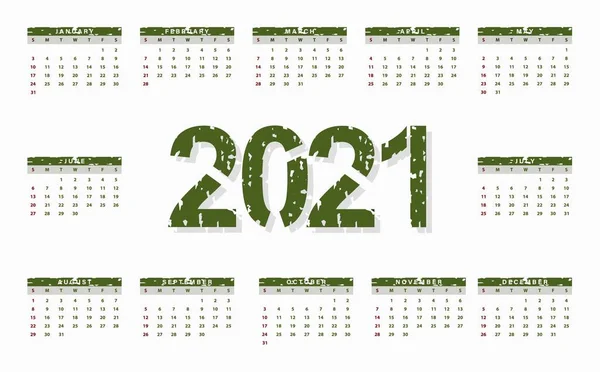 2021 takvim tasarımı, yeşil renkli kirli doku. Vektör illüstrasyonu