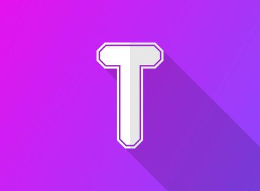 T yazı tipi harfi, modern dinamik tasarım, mor arkaplanda uzun gölgesi var. Logo, marka etiketi, tasarım elemanları, uygulama ve daha fazlası için. Vektör illüstrasyonu