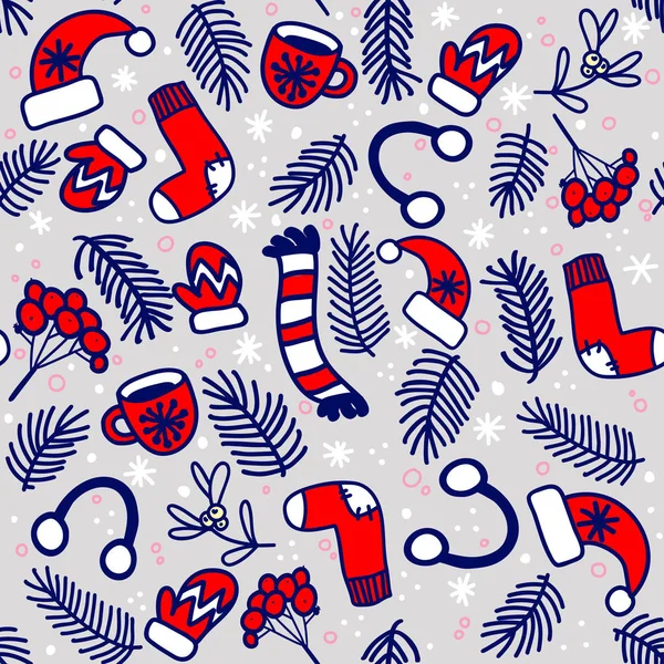 Nahtloses Muster mit roten Fäustlingen, Socken, Hüten und immergrünen Zweigen auf grauem Hintergrund — Stockvektor