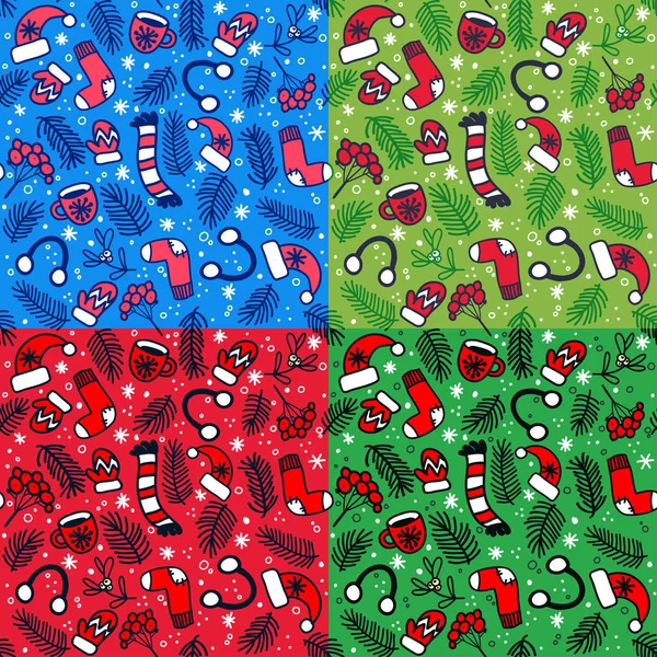 Collection sans couture vectorielle avec motifs de Noël lumineux avec mitaines rouges, chaussettes, chapeaux — Image vectorielle