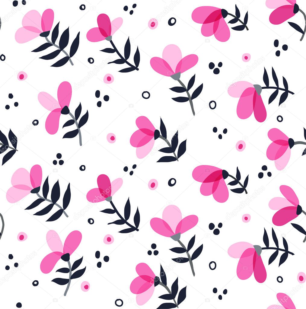 Abstract pink flowers on white with branches and leaves