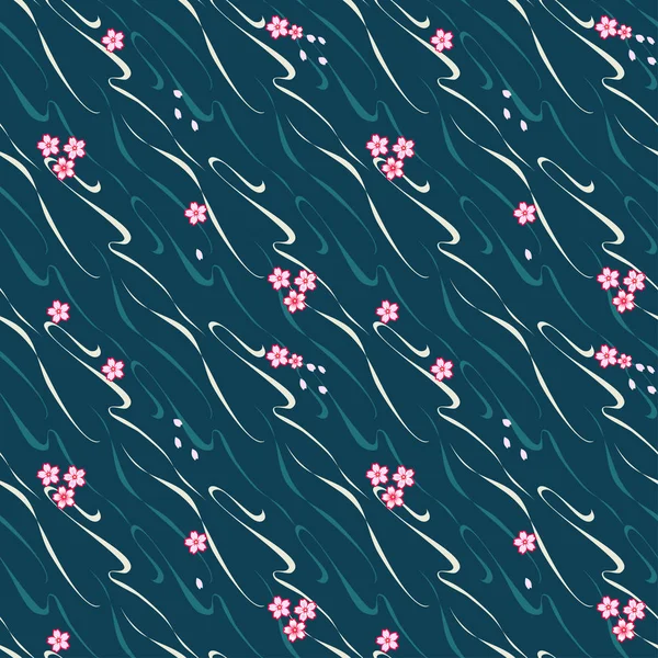 Sakura-Blumen und Patel fließen in Flusswasser. Muster im japanischen Stil. — Stockvektor