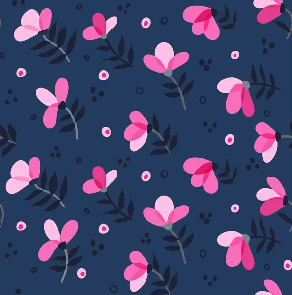Abstrakta rosa blommor på mörkblå med grenar och blad — Stock vektor