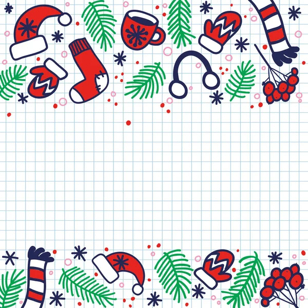 クリスマスの赤い服の落書き: ギフト、帽子、ミトン、靴下 — ストックベクタ