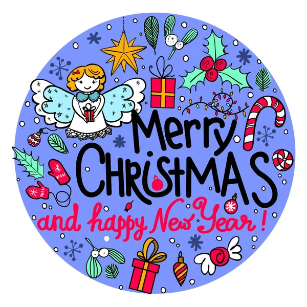 Quadro redondo desenhado à mão com elementos de Natal: presentes, omela, anjo, baga de azevinho, doces, bolas de Natal — Vetor de Stock