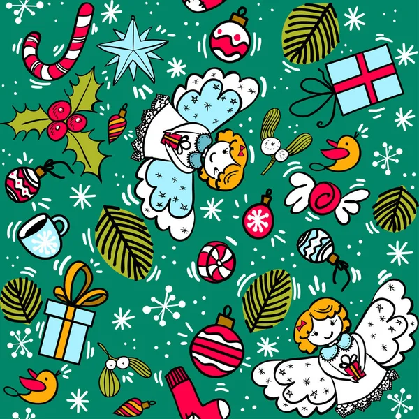 Weihnachtsmuster mit Engel Stechpalme, Süßigkeiten, Weihnachtskugeln — Stockvektor