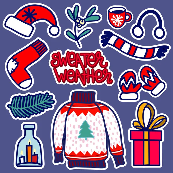 Hand-drawn illustration of a Christmas knitted wear: santa's hat, sock, scarf, mittens with an inscription sweater weather — Stock Vector