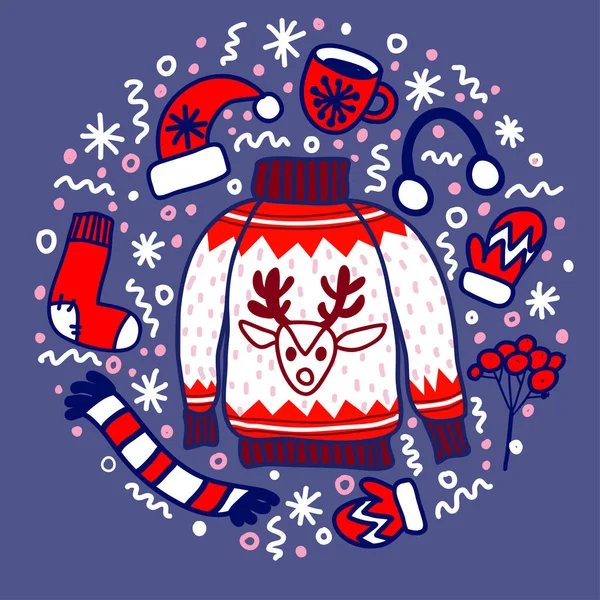 クリスマスの服の落書き: ギフト、帽子、ミトン、トナカイのセーターの靴下 — ストックベクタ