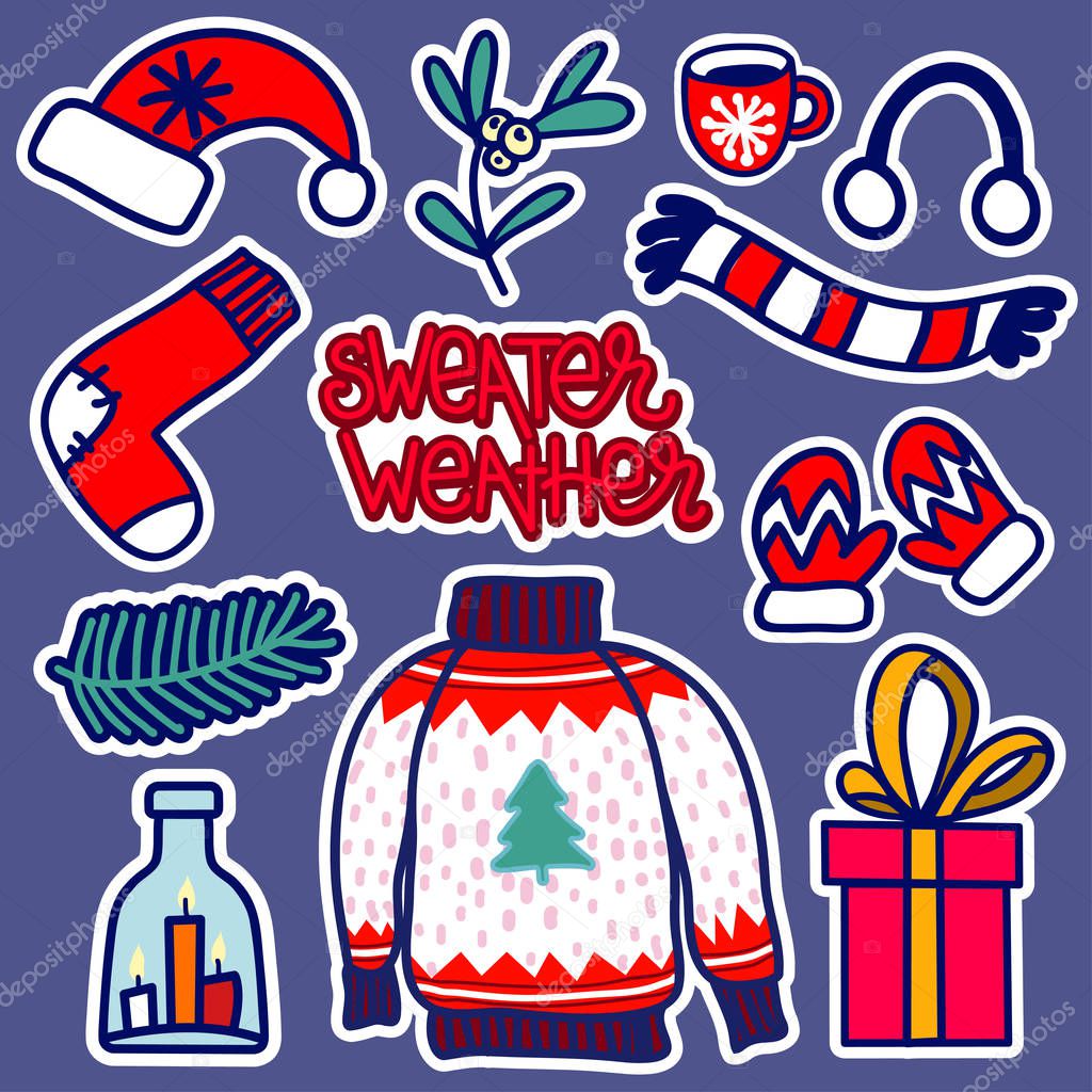 Hand-drawn illustration of a Christmas knitted wear: santa's hat, sock, scarf, mittens with an inscription sweater weather