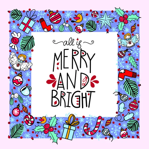 Tarjeta de felicitación de Navidad con lettering- Feliz y brillante — Archivo Imágenes Vectoriales