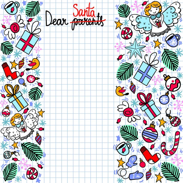 Doodle lista de desejos de Natal com copyspace e decorado com bolas de Natal e presente —  Vetores de Stock