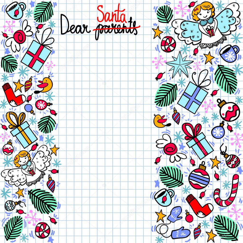 Doodle Christmas wish list with copyspace and decorated with christmas balls and present