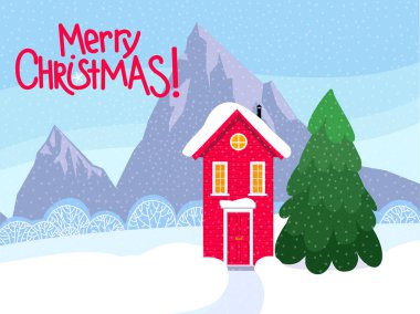 Kış manzarası ve İskandinav tarzı evleri ile şirin neşeli Noel tebrik kartı. Düzenlenebilir vektör çizim