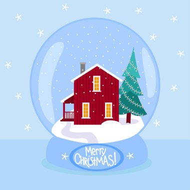 Noel kar küresi karlı İskandinav kırmızı ev ile