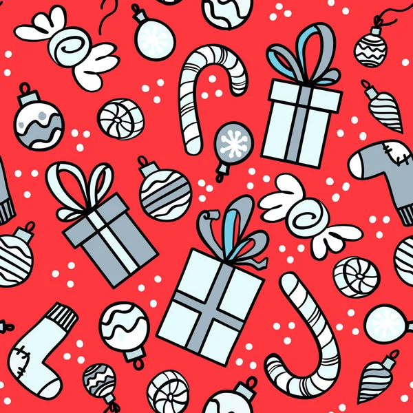 Nahtloses Muster mit Geschenkschachteln, Socken, Weihnachtskugeln und Süßigkeiten auf rotem Hintergrund — Stockvektor