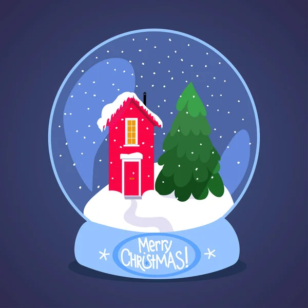 Navidad bola de nieve con nieve escandinava casa roja — Vector de stock