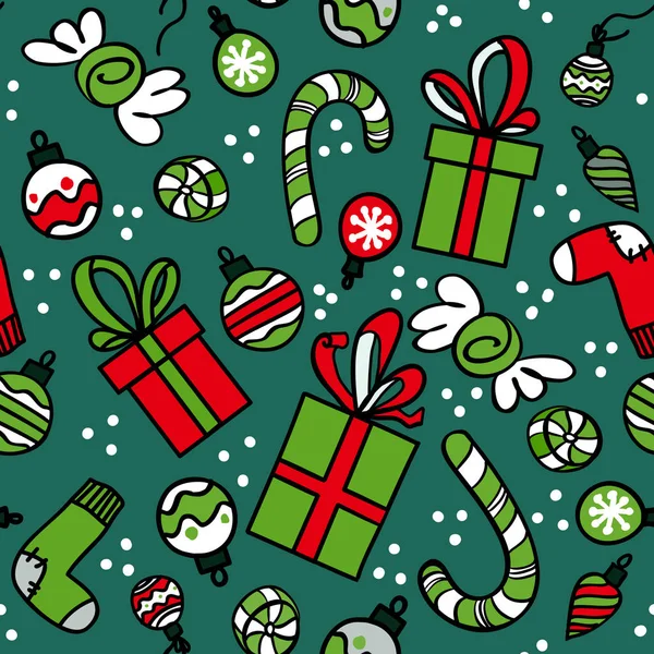 Motif sans couture avec boîtes-cadeaux rouges, chaussettes, boules de Noël et bonbons sur fond vert — Image vectorielle