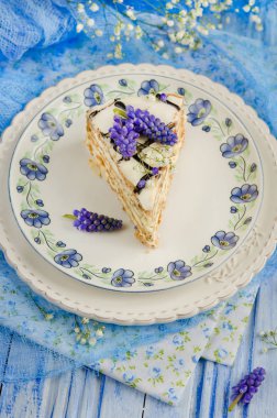 Sümbül, seçici odak beyaz-mavi zemin üzerine Esterhazy kek