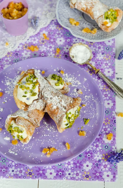 Italian Cannoli Green Pistachio Nuts Candied Orange — Stock Photo, Image