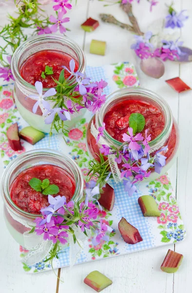 Menta Panna Cotta Con Ruibarbo Sobre Fondo Floralpanna Cotta — Foto de Stock