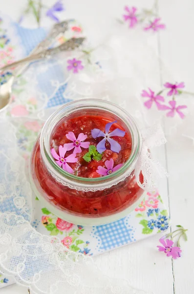 Mint Panna Cotta Rhubarb Floral Backgroundpanna Cotta — Stock Photo, Image