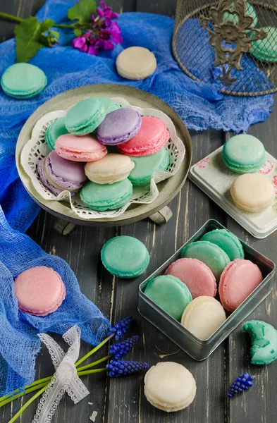 Colored Macaroons Box Wooden Table Selective Focus — Stock Photo, Image