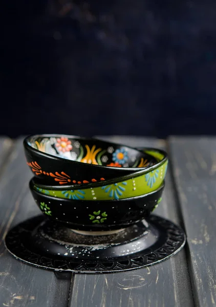 Close View Colorful Rustic Bowls Wooden Tabletop — Stock Photo, Image