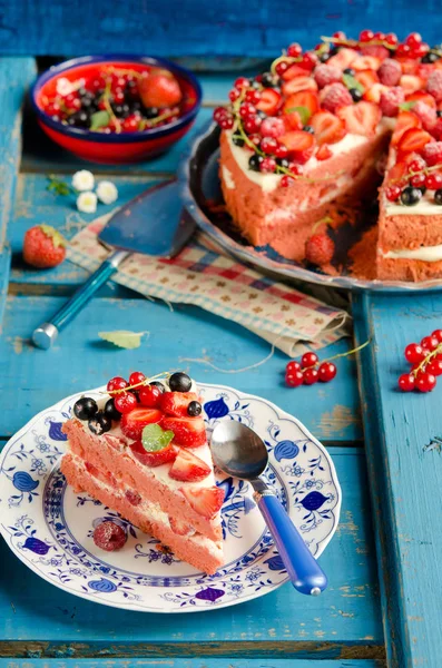 Homemade Strawberry Cake Bright Blue Wooden Table — Stock Photo, Image