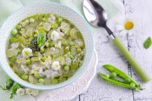 Supă Proaspătă Vegetariană Italiană Minestrone Din Fasole Verde Dovlecei — Fotografie, imagine de stoc