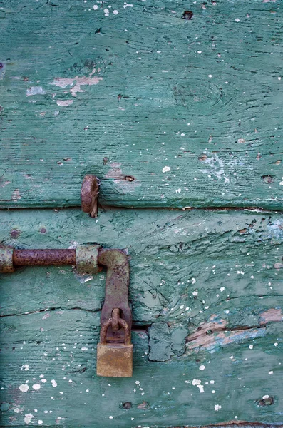 Close View Old Wooden Door Rusty Metal Lock — Stock Photo, Image