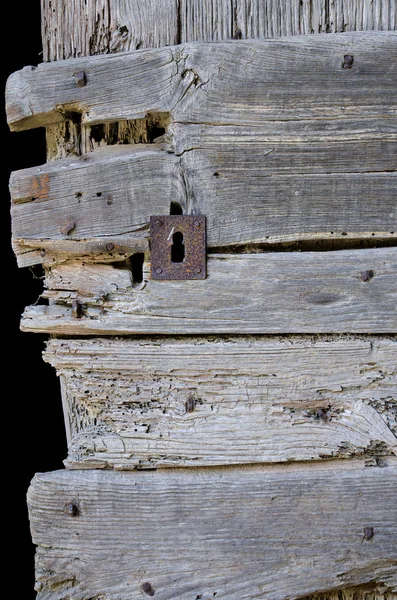 Close View Old Wooden Door Rusty Keyhole — Stock Photo, Image