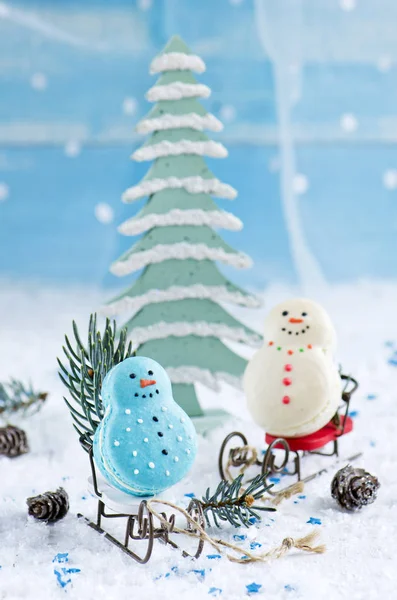 Sweet Snowmen Festive Cookies Blue Background — Stock Photo, Image