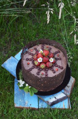 Buzlanma ile çikolatalı kek ve taze çilek