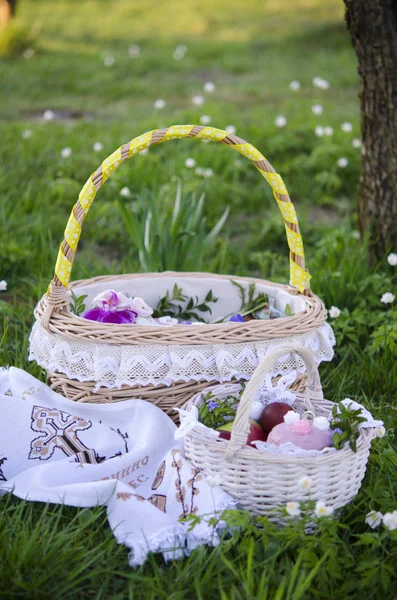 Easter basket with painted eggs and Easter cake on spring green grass