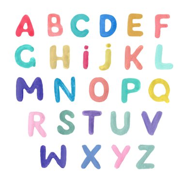 İngiliz alfabesi elle çizilmiş. Çocuk çizimi. Komik, çizgi film karakteri, sevimli. Parmak izi, tekstil, kağıt, arka plan. - Evet. Farklı renkte harfler.