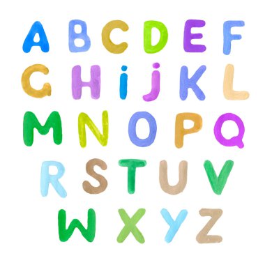 İngiliz alfabesi elle çizilmiş. Çocuk çizimi. Komik, çizgi film karakteri, sevimli. Parmak izi, tekstil, kağıt, arka plan. Kusursuz desen. Farklı renkte harfler.