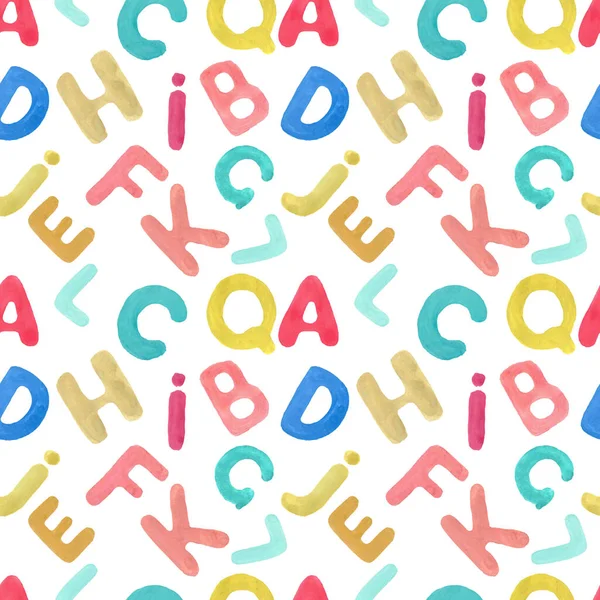 English alphabet hand-drawn colored. Children\'s illustration. Funny, cartoony, cute. Print, textile, paper, background. Seamless pattern. Letters of different colors.