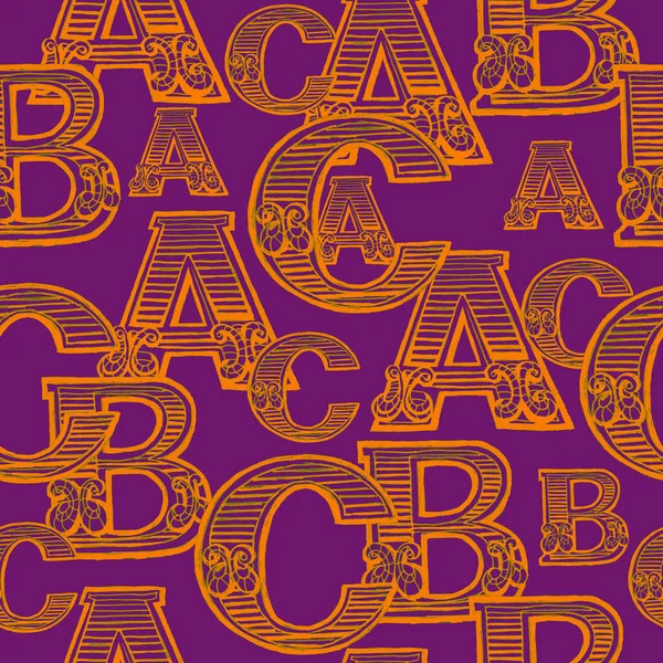 İngiliz alfabesi elle çizilmiş. Çocuk çizimi. Komik, çizgi film karakteri, sevimli. Parmak izi, tekstil, kağıt, arka plan. Kusursuz desen. Farklı renkte harfler.