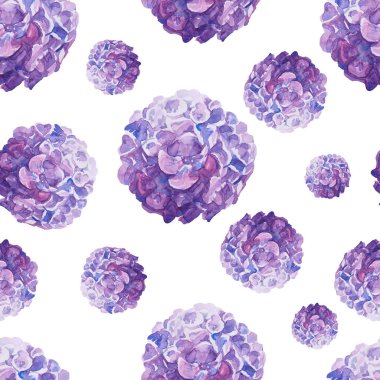 Ortanca mavi çiçekleri suluboya el yazısı tekstil beyaz arka plan eski bahar mahsulü bitki örtüsü tebrik kartı. Kusursuz desenli çizim, kağıt..